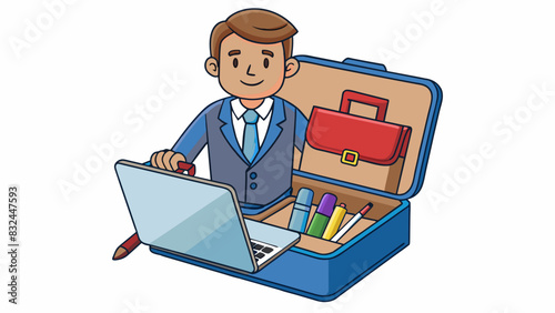 During the long flight the businessman could occupy his restless mind by organizing the contents of his briefcase. The sleek leather bag held his. Cartoon Vector.
