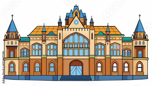 European Architecture A grand building with intricate details and tall arched windows stands proudly in a bustling city center. The walls are made of. Cartoon Vector.