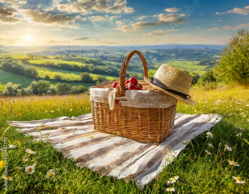 Wooden picnic basket on a grassy field with a picturesque summer landscape in the background.