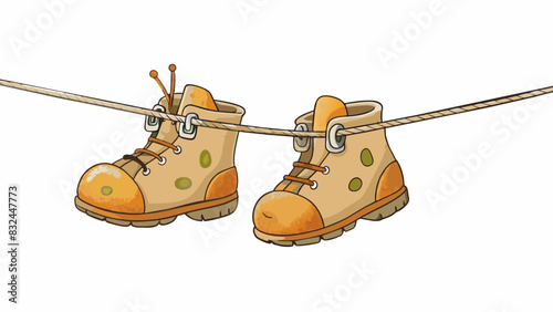 Hanging from a clothesline Scout is a set of worn beige hiking boots with thick rubber soles and laces that are always untied. Theyve seen many miles. Cartoon Vector.