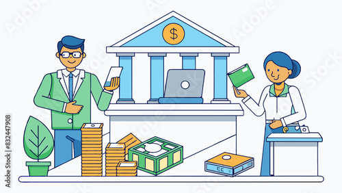 In a bustling office an employees monthly wage is electronically deposited into their bank account symbolizing the seamless and efficient transfer of. Cartoon Vector.