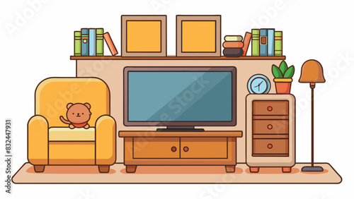 In a cozy living room there is a plush couch positioned in front of a large flatscreen TV. The couch is made of soft tancolored fabric with fluffy. Cartoon Vector.