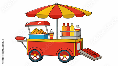In a bustling city street a representative hot dog cart stands proudly on the corner complete with its red and yellow striped umbrella. The cart is. Cartoon Vector.