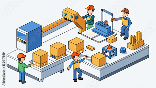 In a factory warehouse workers are busy assembling various parts to create a piece of machinery. Each worker has a specific task using tools and. Cartoon Vector.