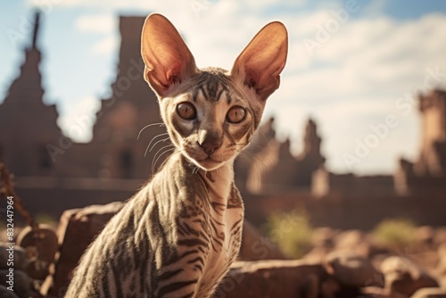 Portrait of a smiling cornish rex cat in backdrop of ancient ruins © Markus Schröder