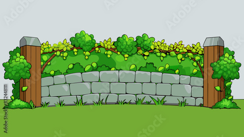 In a peaceful meadow there is an old stone fence covered in vibrant green ivy. The stones are weathered and uneven giving the fence a rustic and. Cartoon Vector.