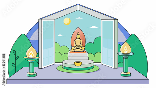 In a quiet meditation room a small alter made of smooth white stone is p in front of a large window offering a view of a serene garden. On the alter. Cartoon Vector.