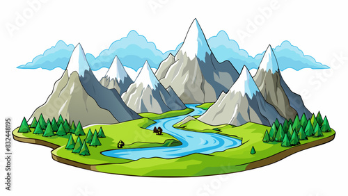 In the background a majestic mountain range loomed its peaks covered in a blanket of snow. The jagged edges of the rocks glistened in the sunlight and. Cartoon Vector.