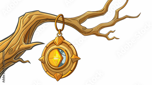 In the forbidden forest a golden amulet hung from a gnarled tree branch. Its surface was smooth and polished with ancient symbols etched into the. Cartoon Vector.