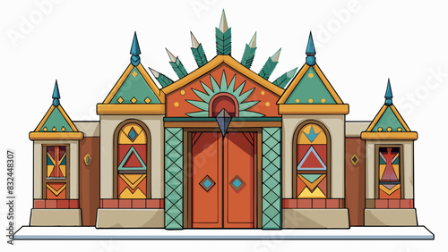 In the distant village the chiefs home stood out with its grand size and intricate design. Its walls were adorned with colorful murals depicting. Cartoon Vector.