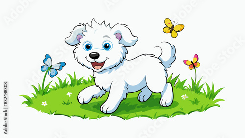In the fourth illustration a fluffy white puppy playfully runs through a green meadow. Its tail wags enthusiastically as it chases butterflies and. Cartoon Vector.