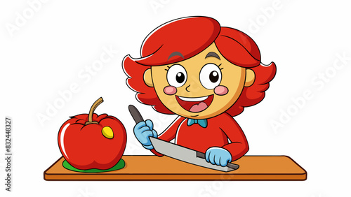 In the kitchen Eve carefully sliced a juicy ripe apple with a sharp silver knife. Its smooth skin gave way to reveal a crisp white and a core filled. Cartoon Vector.