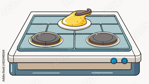 In the kitchen a small spot of grease has splattered onto the stovetop. It leaves a shiny oily residue that is difficult to clean.. Cartoon Vector.