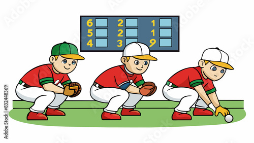 In the outfield three players crouch low to the ground waiting for a ball to come their way. One has a glove on their hand while the others simply use. Cartoon Vector.