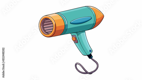 In the second illustration we see a cylindrical object with a metal casing and a long cord attached to it. This object is used to quickly dry wet hair. Cartoon Vector.