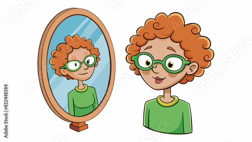 In the mirror she stole a glance at her reflection before heading out the door. Her curly hair was pulled back in a messy bun and a few strands. Cartoon Vector.