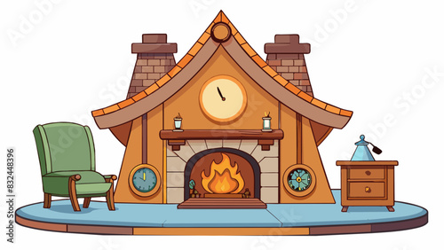 Inside a cozy cabin there is a crackling fireplace with a large ornate clock hanging above it. The clock has intricate designs and chimes every hour. Cartoon Vector.