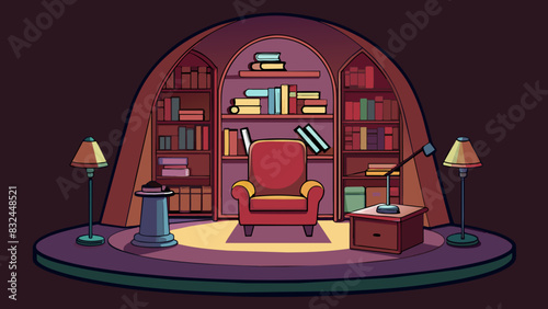 Internal A dimly lit study with shelves lining the walls filled with books of all genres and sizes. The desk in the center of the room is covered in. Cartoon Vector.