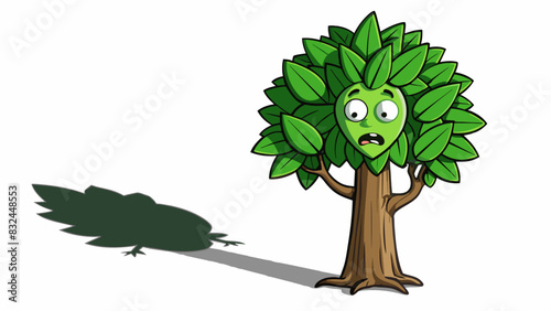 Lush green leaves on a tall tree shivering in fear as a dark shadow passes over them signaling the approaching of a predator.. Cartoon Vector.