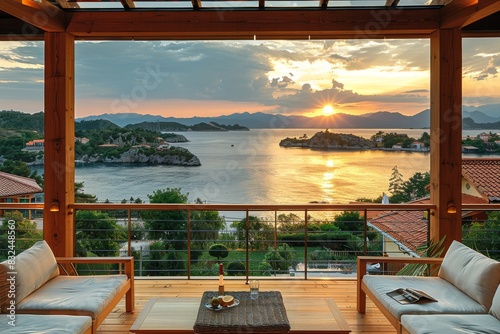 Scenic outdoor patio with wooden furniture and sunset view over the ocean for a tranquil retreat