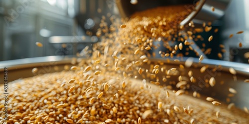 a closeup of wheat grains being poured into metal tank with blur modern food factory background
