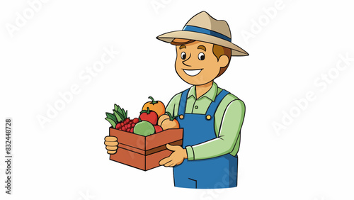 On a farm a farmhand is given a handful of freshly picked vegetables as part of their wage demonstrating the bartering system still in place ast. Cartoon Vector.
