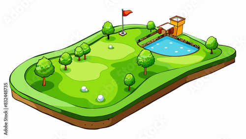 On a golf course an area of perfectly manicured grass neatly trimmed and maintained extending for what seems like miles. It reflects the sunlight. Cartoon Vector.