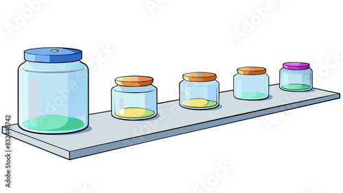 On the kitchen counter there is a row of jars arranged from smallest to largest. The jars are made of clear glass and each one has a different colored. Cartoon Vector.