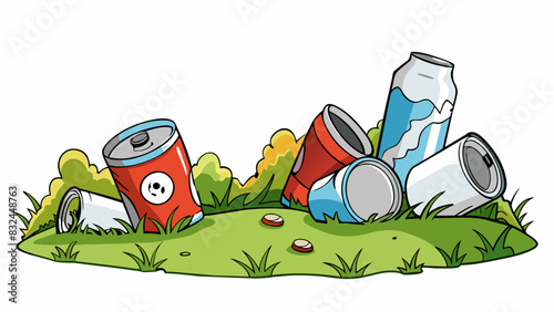 On the side of the road previously discarded cans and bottles littered the grassy ditch. The aluminum cans glinted in the sunlight and the glass. Cartoon Vector.