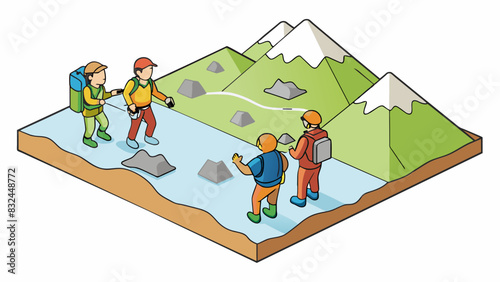 On target A group of hikers looking at a map pointing to a specific mountain peak in the distance. The map is detailed and shows the geographic. Cartoon Vector. © DigitalSpace