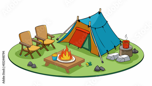 Outdoor Camping Prep Assemble a sy tent with all necessary poles and stakes and lay down a tarp or mat underneath for extra protection. Gather. Cartoon Vector.