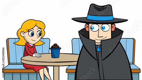 She couldnt help but steal a glance at the mysterious stranger sitting across the caf�. He wore a black hat and a long dark coat concealing most of. Cartoon Vector.