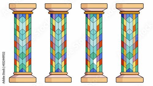 Standing in a row the fourth column is noticeably shorter than its companions. Its surface is adorned with colorful tiles creating a mosaic pattern. Cartoon Vector.