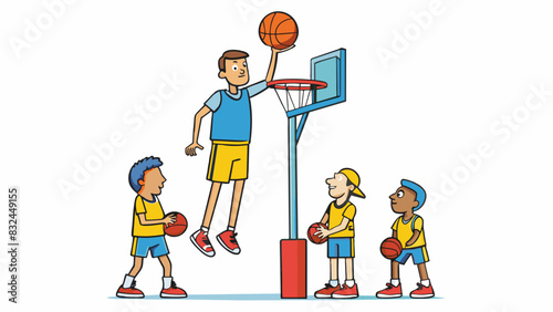 Standing at over six feet tall the basketball player easily towered over his teammates on the court. He moved with grace and power effortlessly. Cartoon Vector.