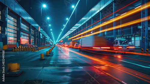 Trucks entering and exiting a logistics hub, creating streaks of light