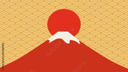 美しい赤い富士山のシンプルな背景イラスト