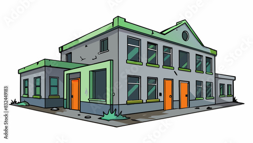 The abandoned building had a worn and faded grey paint on its walls a stark contrast to the bright colors of the neighboring buildings.. Cartoon Vector.