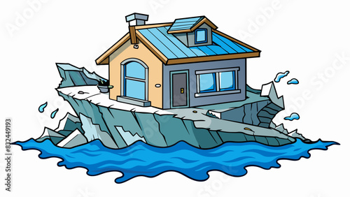 The abandoned rundown house stood on the edge of the cliff overlooking the crashing waves below. Its faded blue paint and broken windows gave the. Cartoon Vector.