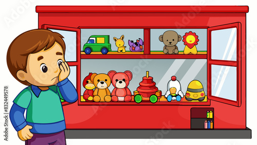 The child took a glance at the toy store window and immediately pressed his face against the glass. Inside a colorful display of stuffed animals and. Cartoon Vector.