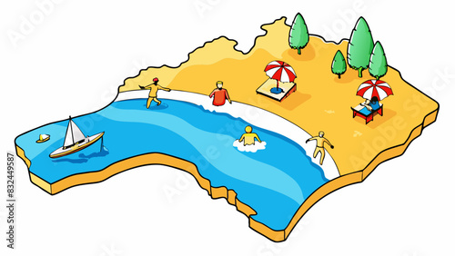 The coastline of Australia stretches for miles with crystal clear waters lapping at golden sandy beaches dotted with colorful beach umbrellas and. Cartoon Vector.