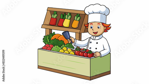 The chef reckoned the ingredients for her famous soup based on the colors and textures of the vegetables in the market.. Cartoon Vector.