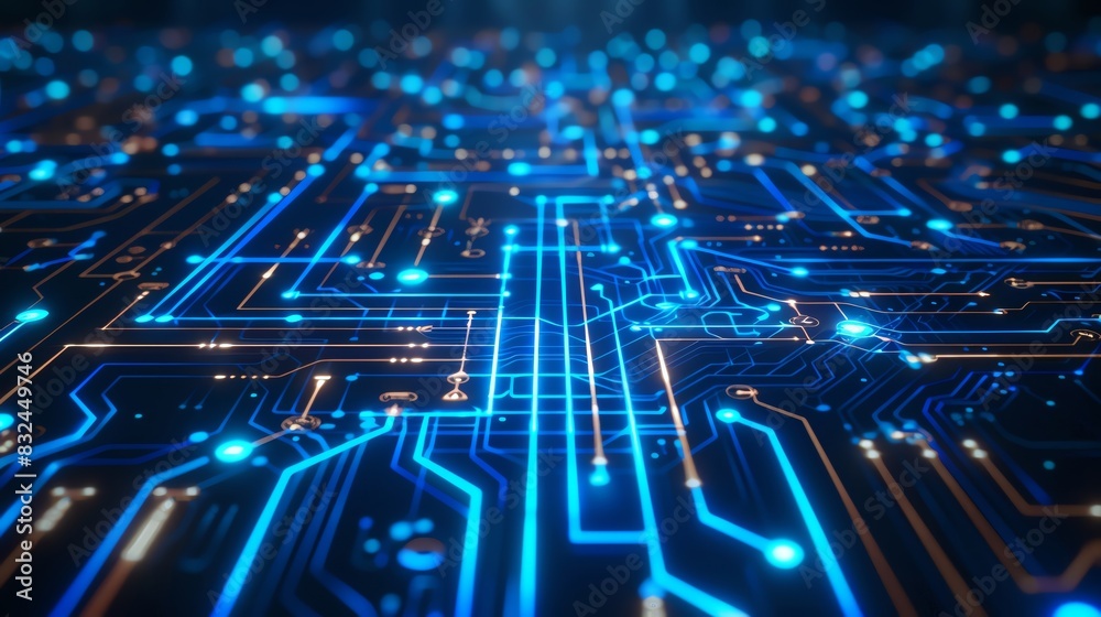 Hightech circuit lines, blue glow, dark backdrop, 3D rendering, modern technology aesthetic Hightech circuit lines, blue glow, dark backdrop, 3D rendering, modern technology aesthetic