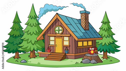 The cozy cabin in the woods was enveloped in a peaceful hush punctuated only by the crackle of logs in the fireplace and the occasional hoot of an. Cartoon Vector.