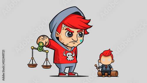 The defendant nervously taps their foot on the ground as they fidget with the string of their hoodie. Their hair is dyed bright red and they have. Cartoon Vector.