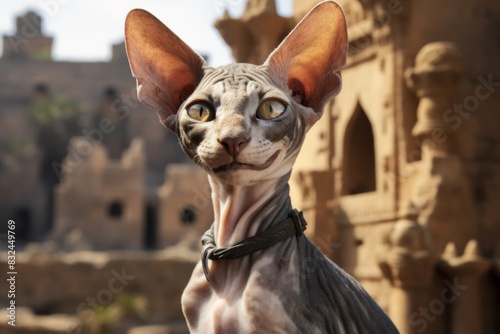 Portrait of a smiling cornish rex cat while standing against backdrop of ancient ruins photo