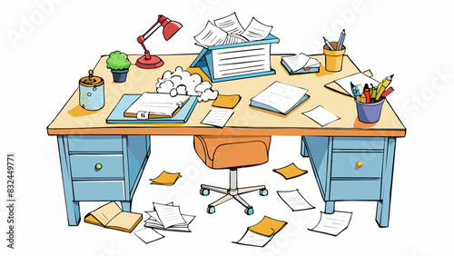 The desk was cluttered with scraps of paper covered in scribbled notes and ideas a reflection of the authors active mind and constant search for. Cartoon Vector.