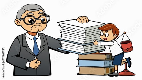 The defendants lawyer hands them a stack of papers to review which they do so intently with a furrowed brow. They are wearing thick black glasses and. Cartoon Vector.