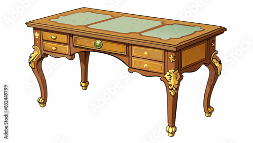 The desk was a vintage piece with a worn and weathered wooden surface. It had intricate carvings along the edges and legs giving it a traditional and. Cartoon Vector.