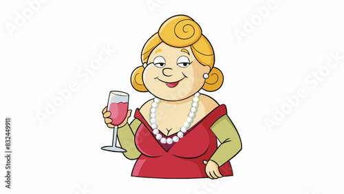 The epitome of a lady Madam daintily sipped on a glass of champagne at the gala her statement pearl necklace reflecting the soft glow of the. Cartoon Vector.