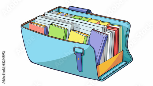 The fifth paperwork is a large clear plastic folder with a zipper closure. Inside there are multiple compartments and pockets each filled with various. Cartoon Vector.